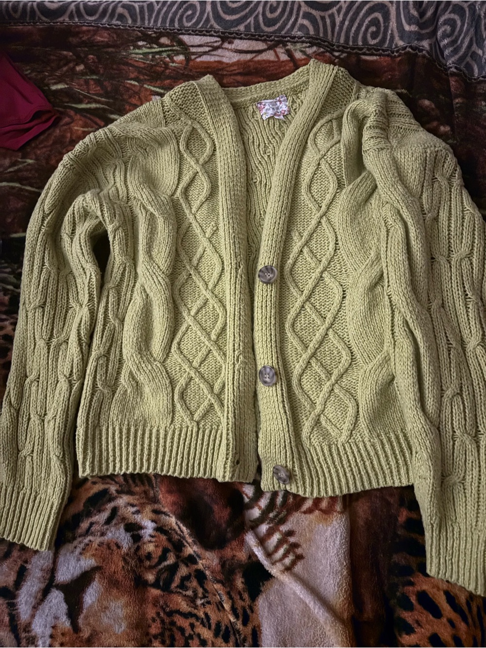 Pink Republic Light Olive Cable Knit Button Front Cardigan